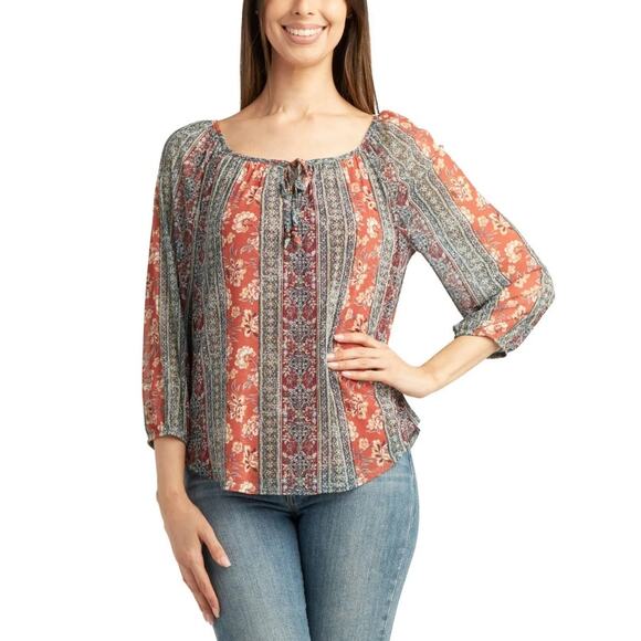 NEW BCX Boho Stripe Blouse Size Small Mesh Paisley Floral Casual Top 3/4 Sleeve - Picture 1 of 11